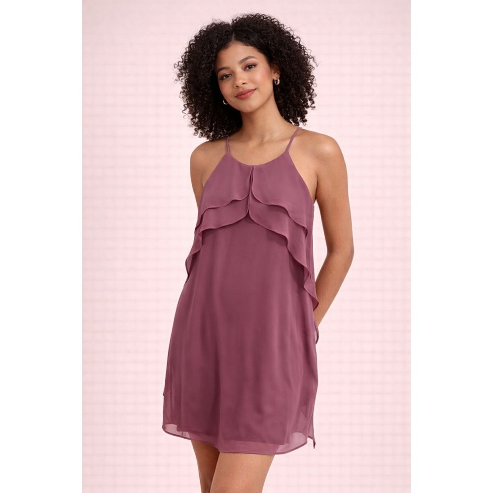 Lauren Ralph Lauren Plum‎ Purple Chiffon Tiered Ruffle Halter Shift Dress 0